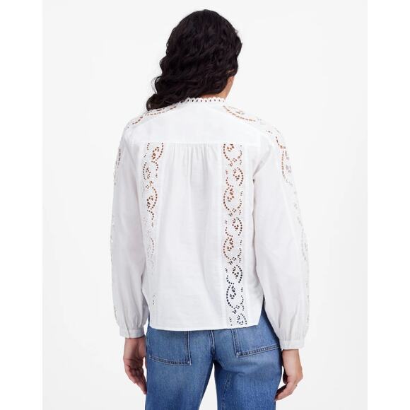 Madewell Lace-Inset Pintucked Button-Up Top M White Long Sleeve Crew Neck Eyelet - Picture 3 of 9